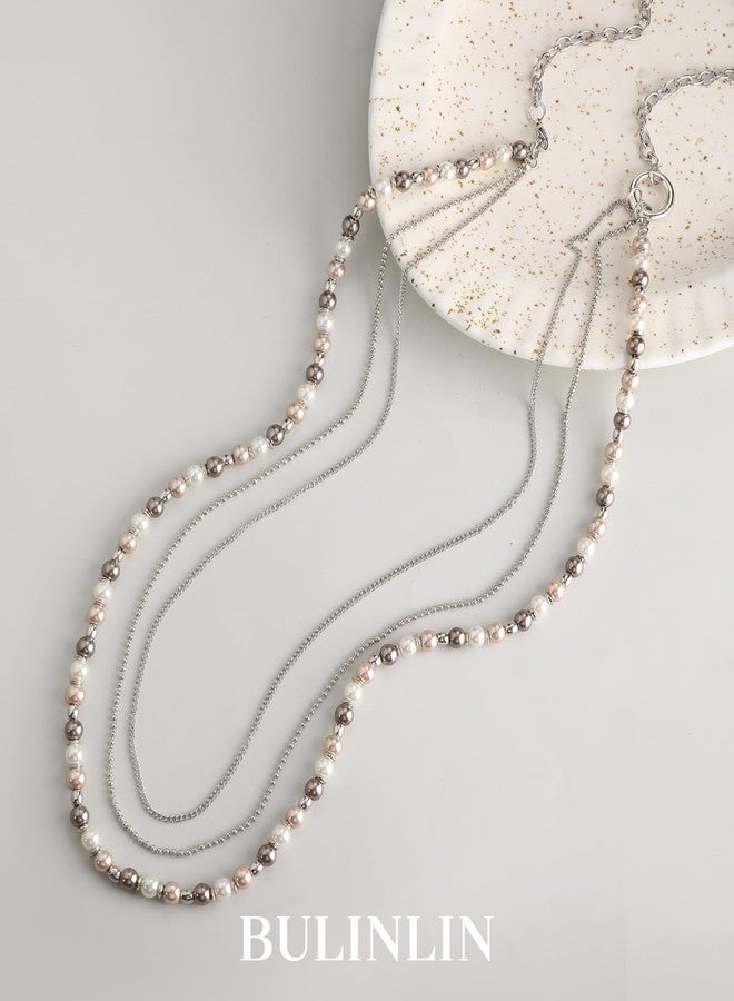 BULINLIN Silver Long Pearl Necklaces for Women Pearl Beaded Link Chain Necklace Mom Gifts Elegant Costume Jewelry for Women(Champagne) - Image 2